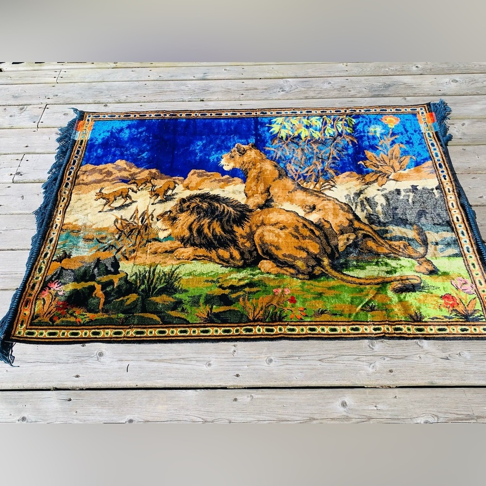 VINTAGE Velvet Rug Stag Lions and Gazelles Scenic Wall Tapestry